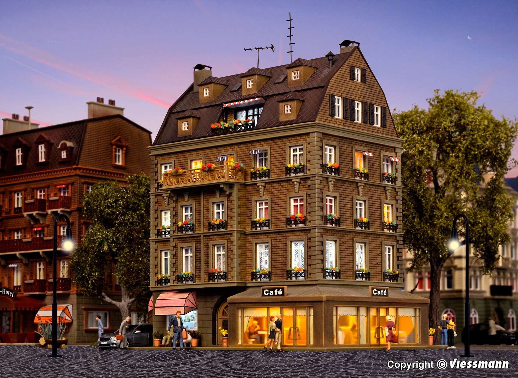 Café with interior and LED lighting, functional kit