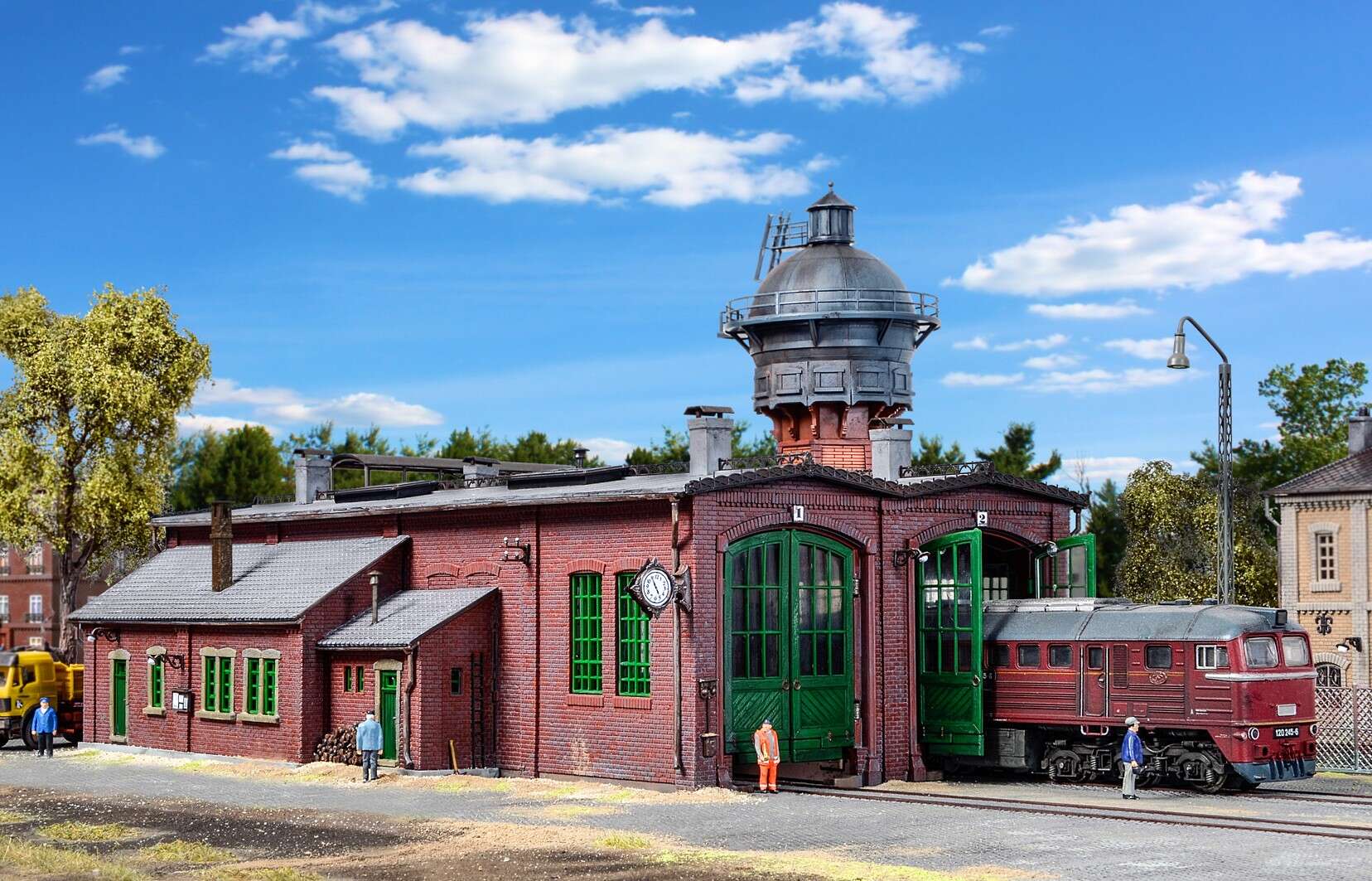 Loco shed with door lock mechanism, double track