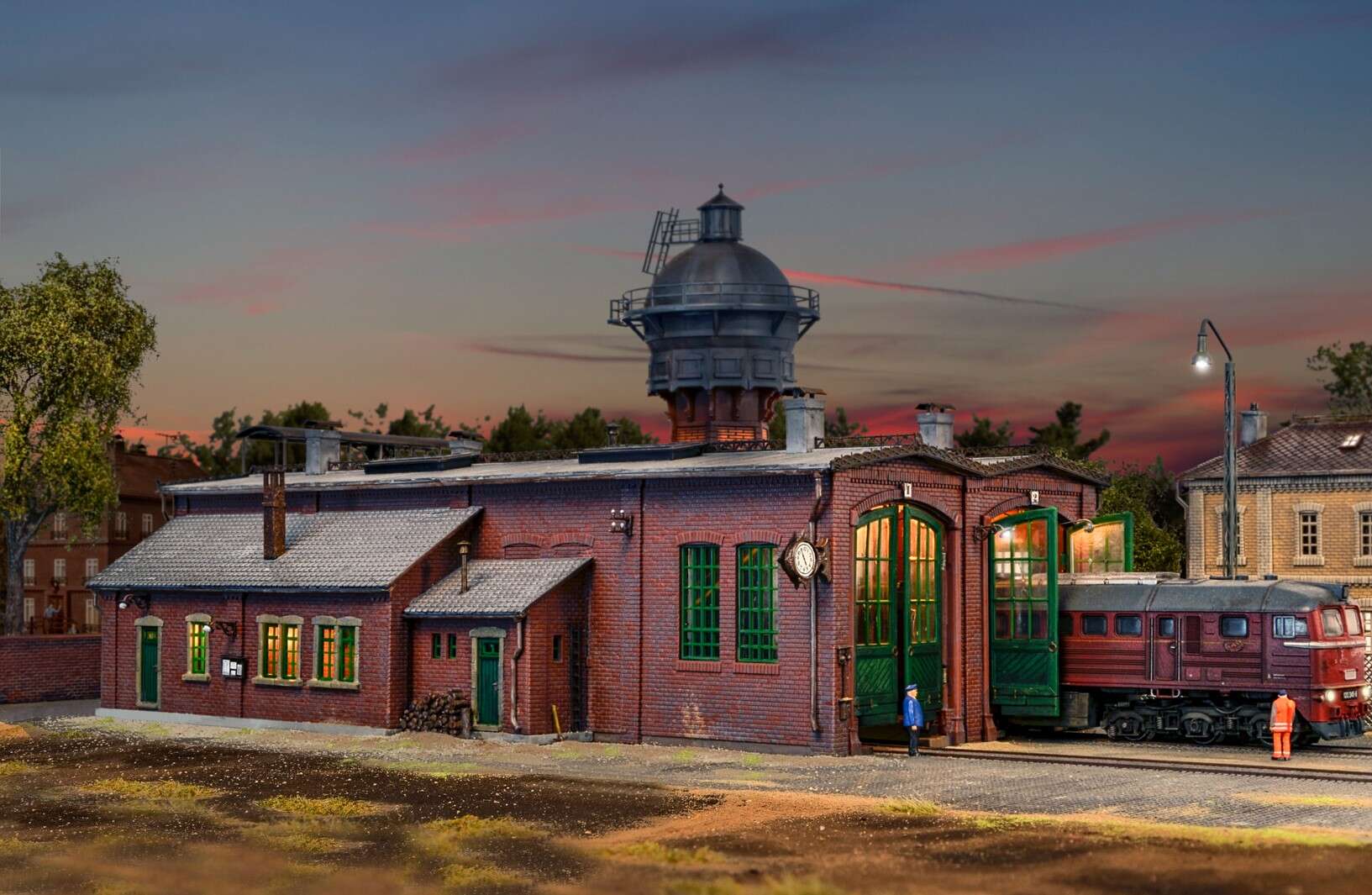 Loco shed with door lock mechanism, double track