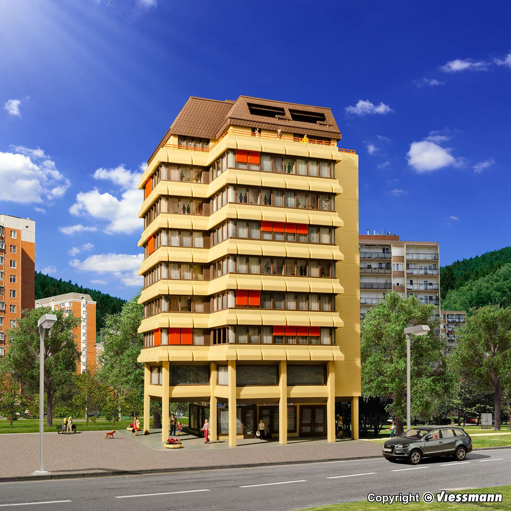 High-rise building with shopping centre and penthouse flat incl. floor interior lighting