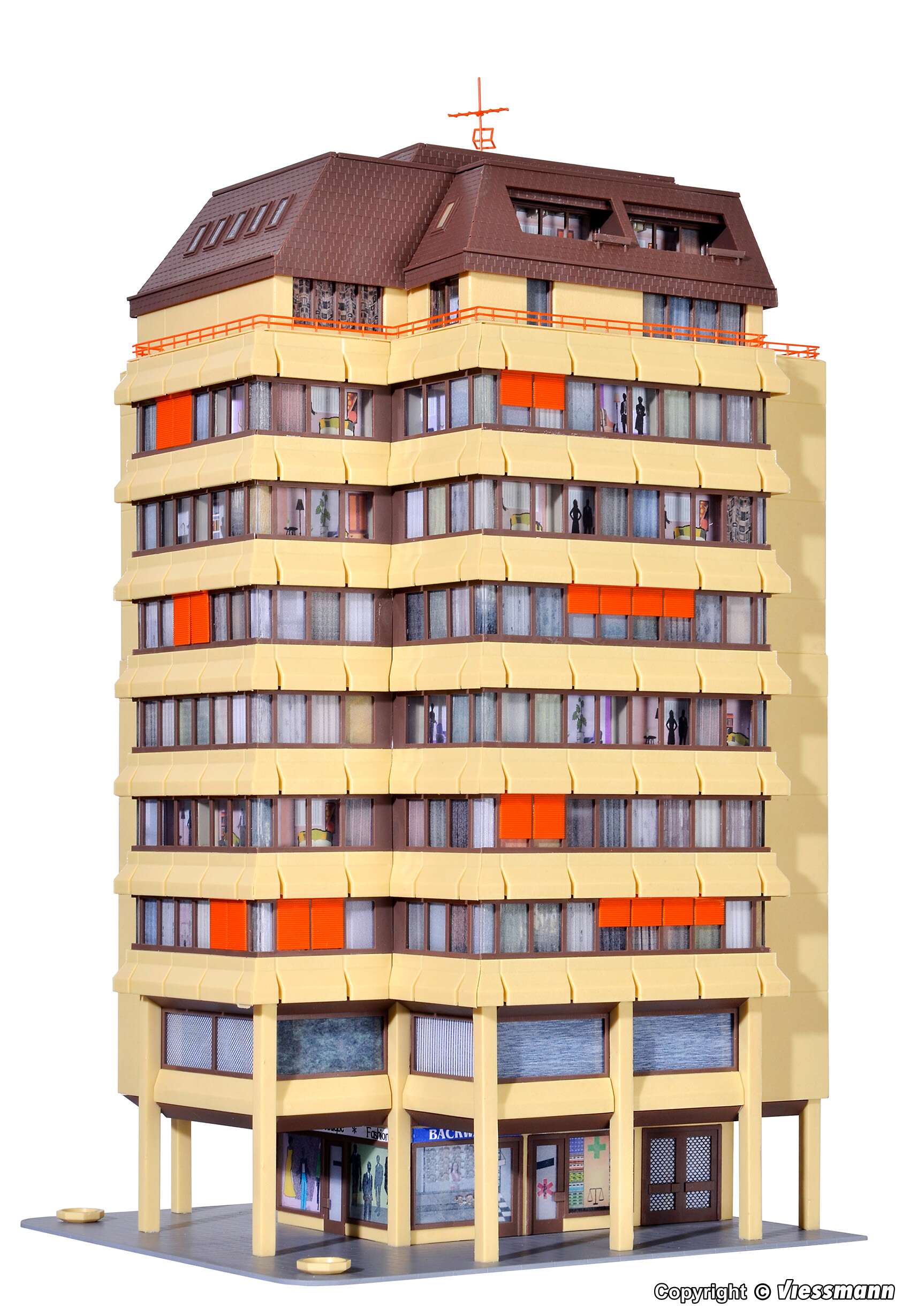 High-rise building with shopping centre and penthouse flat incl. floor interior lighting