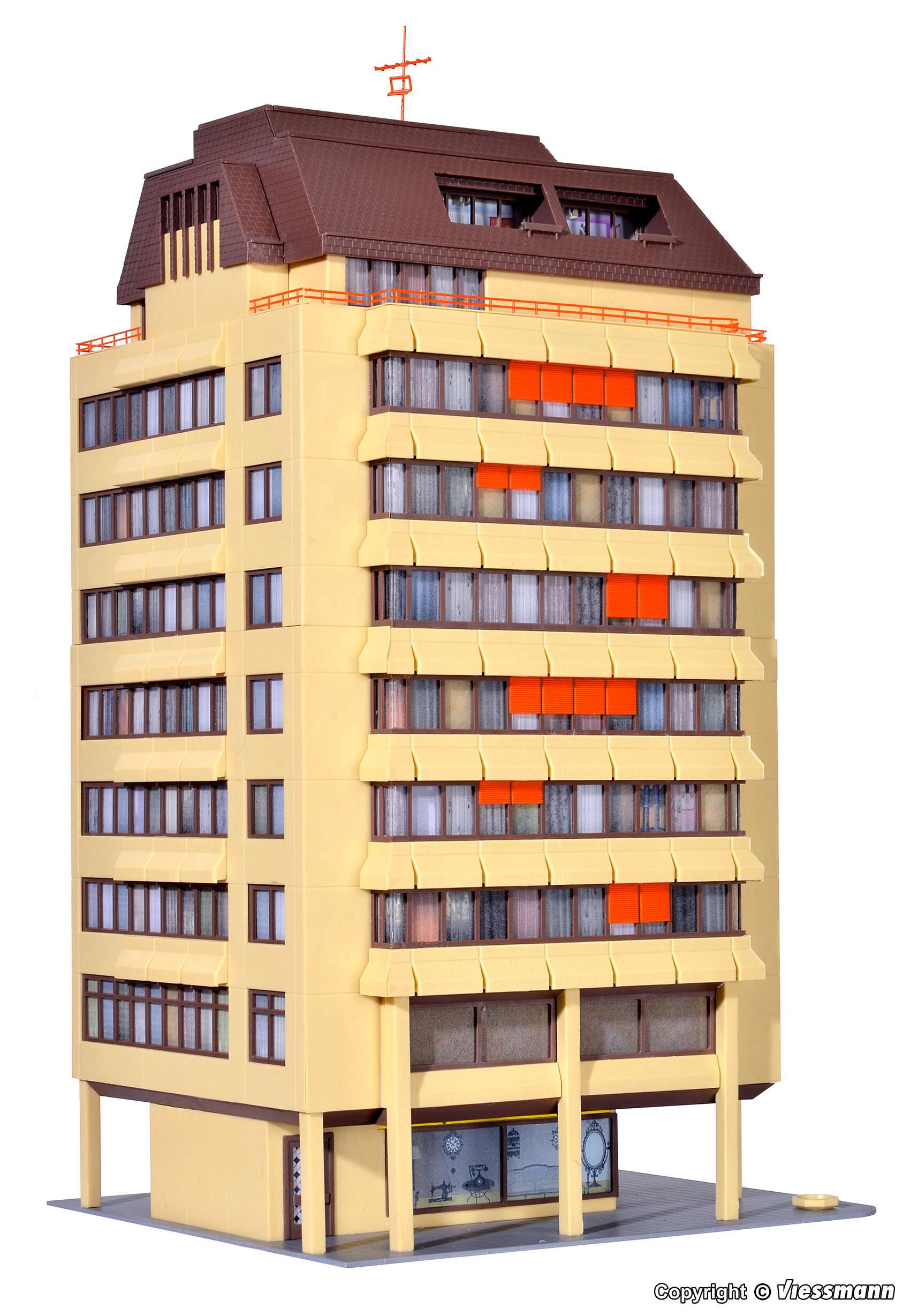 High-rise building with shopping centre and penthouse flat incl. floor interior lighting
