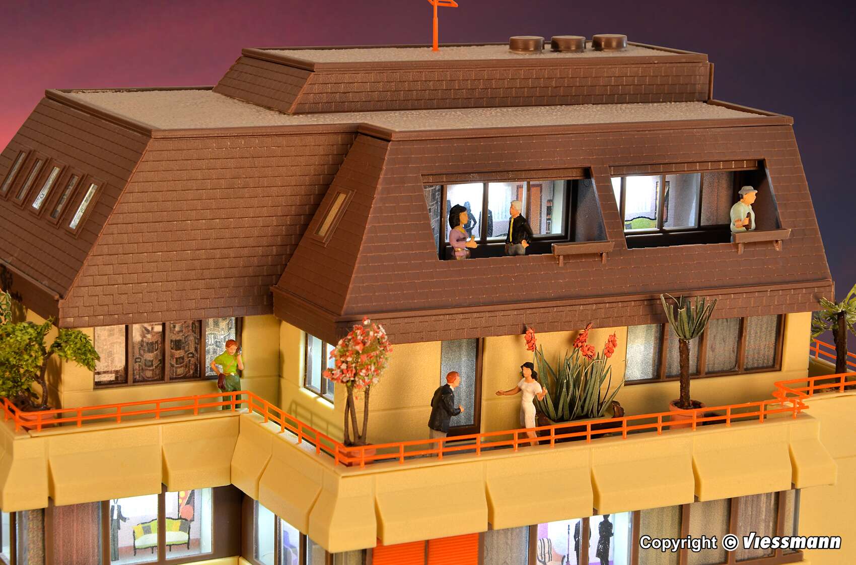 High-rise building with shopping centre and penthouse flat incl. floor interior lighting