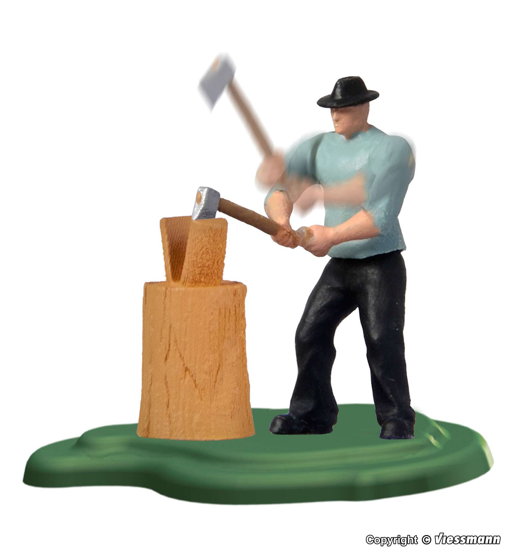 Wood chopper with axe and block of wood, moving
