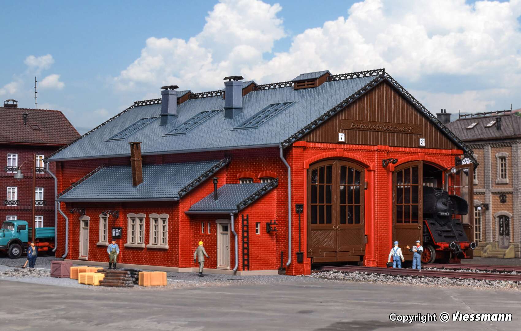 Loco shed with door lock mechanism, double track