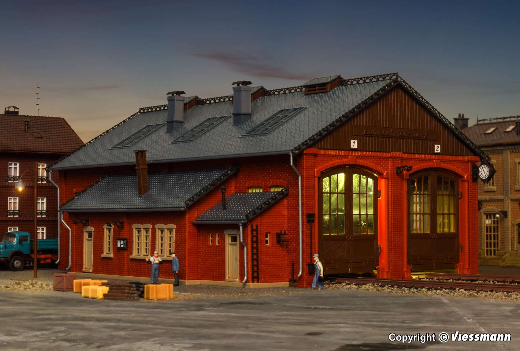 Loco shed with door lock mechanism, double track