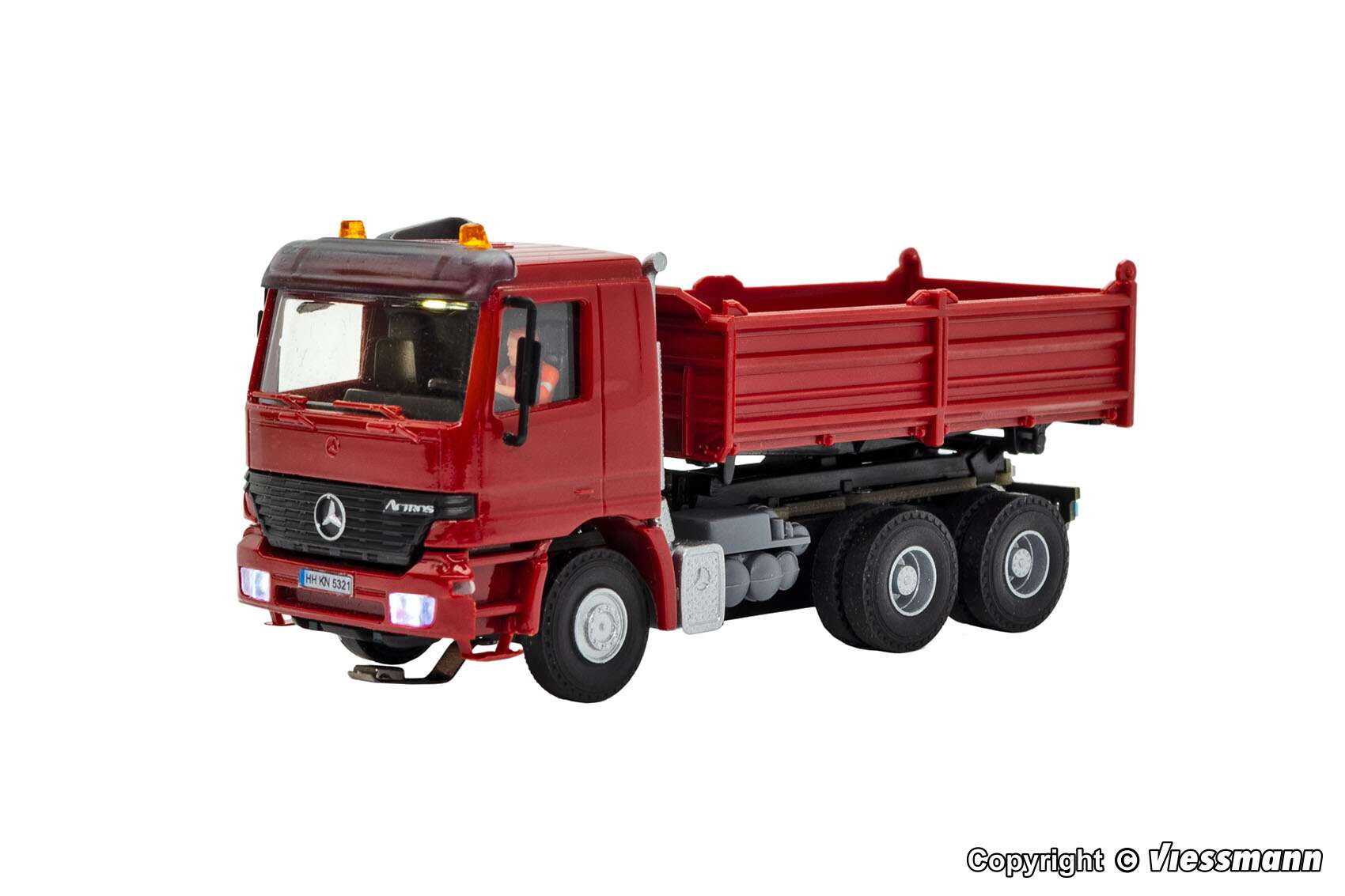 MB ACTROS 3-axle dump truck with rotating flashing lights, red, basic, functional model