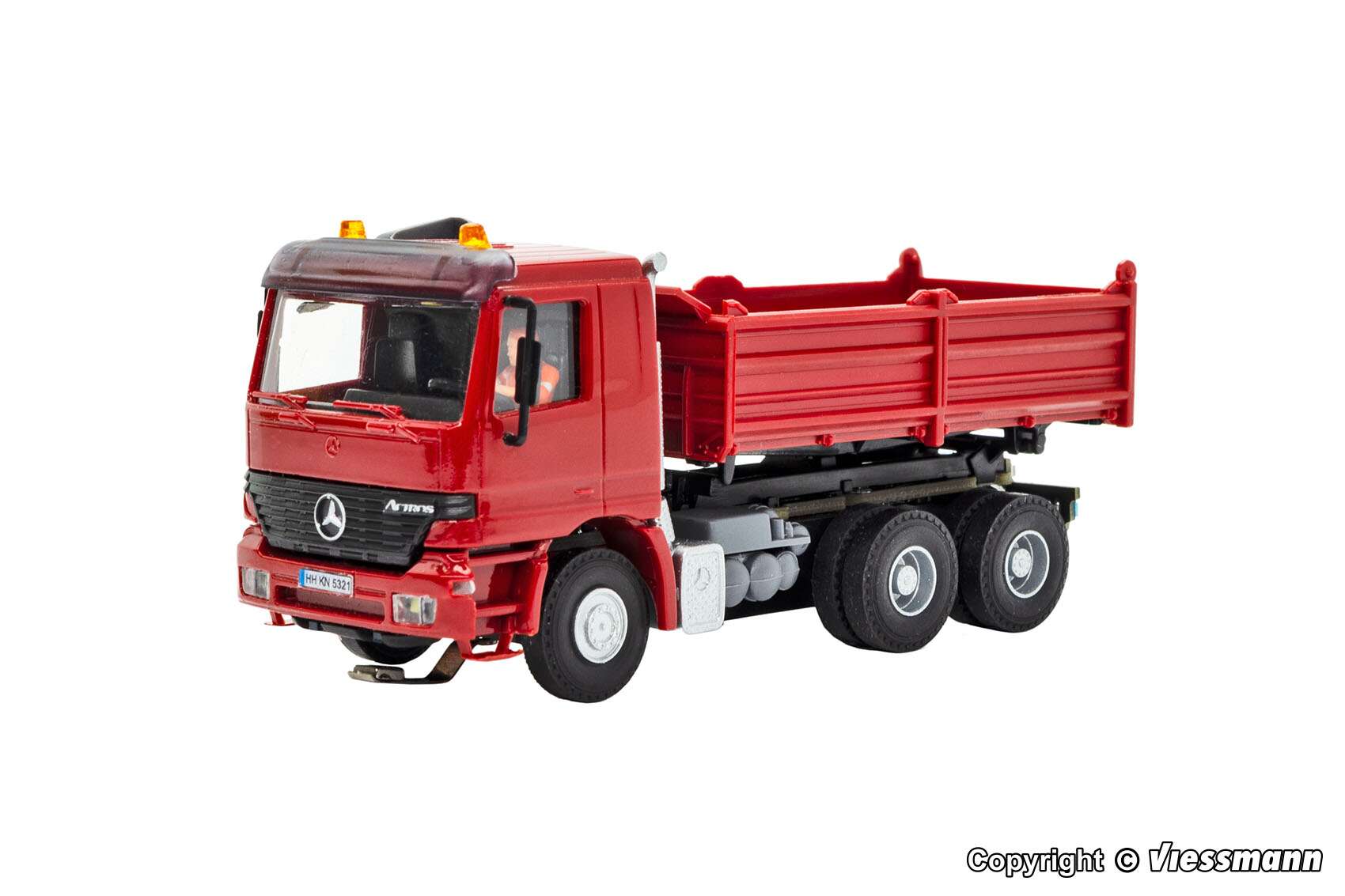 MB ACTROS 3-axle dump truck with rotating flashing lights, red, basic, functional model