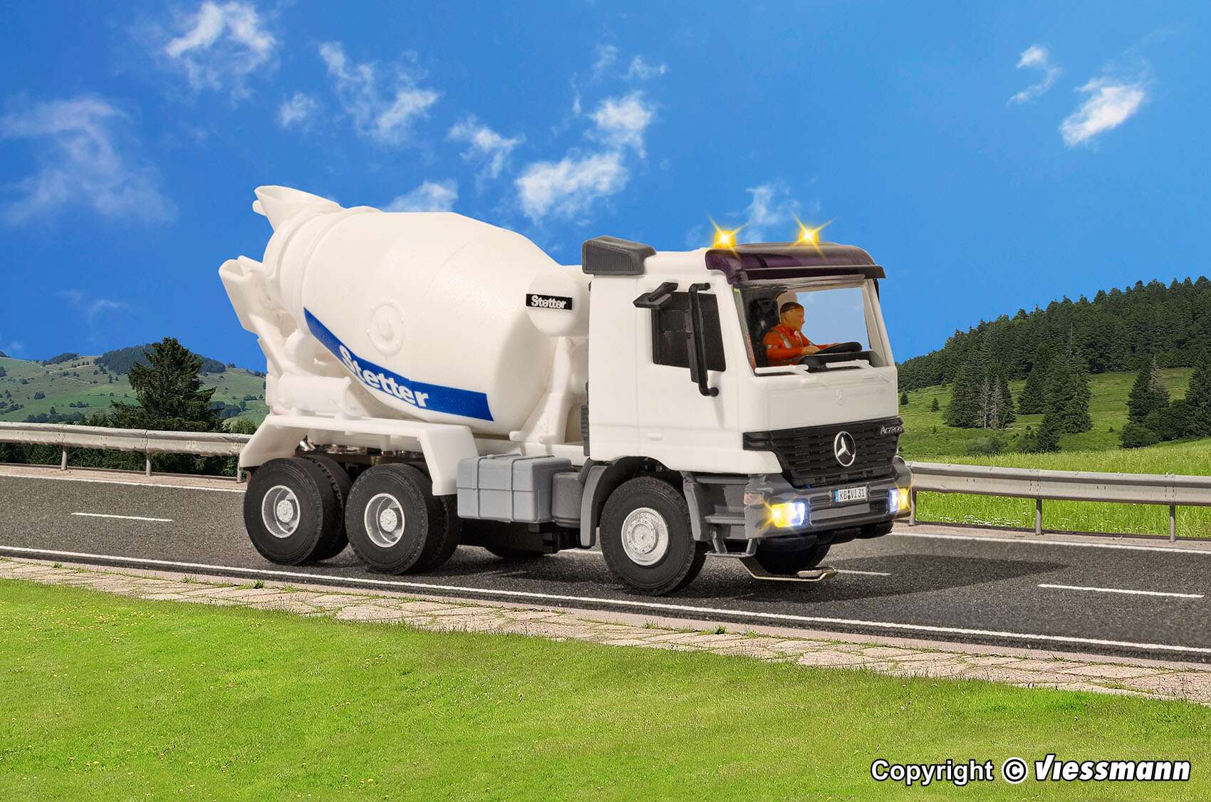 MB ACTROS 3-axle concrete mixer truck with rotating flashing lights, basic, functional model