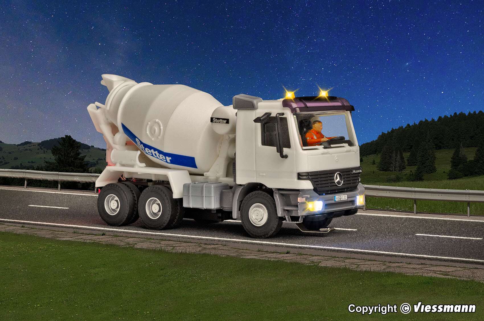 MB ACTROS 3-axle concrete mixer truck with rotating flashing lights, basic, functional model