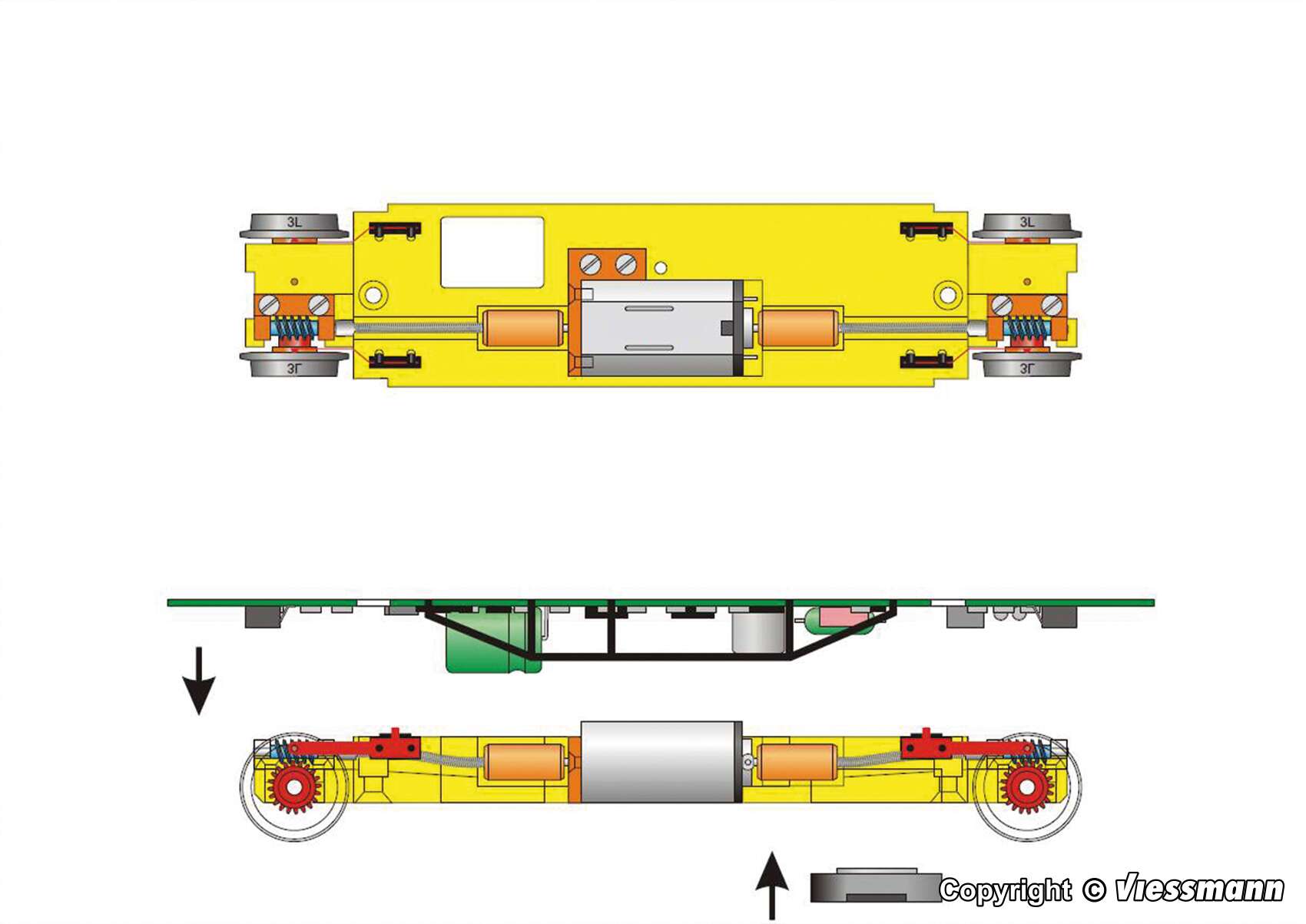 Low side car, yellow, with drive unit, functional model for 3 rail version