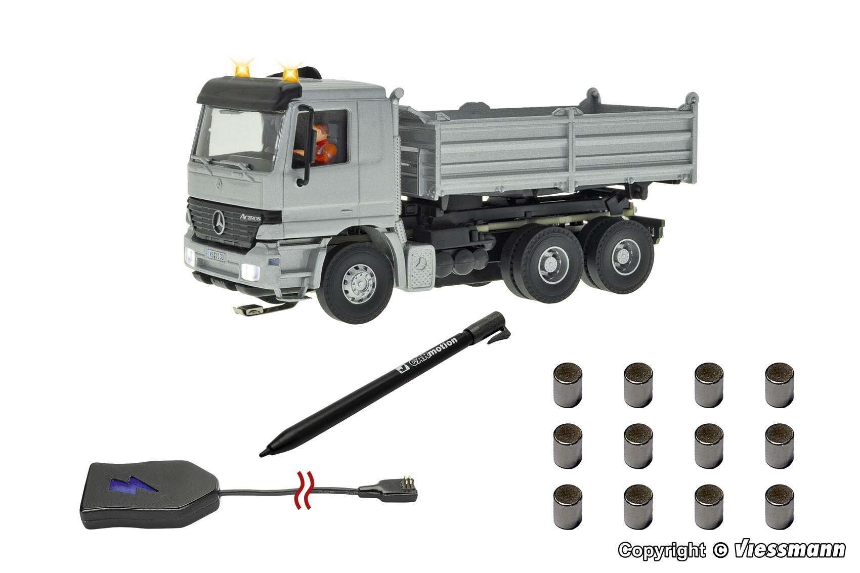 8004 H0 CarMotion basic starter set, MB ACTROS dump truck with rotating flashing lights, silver