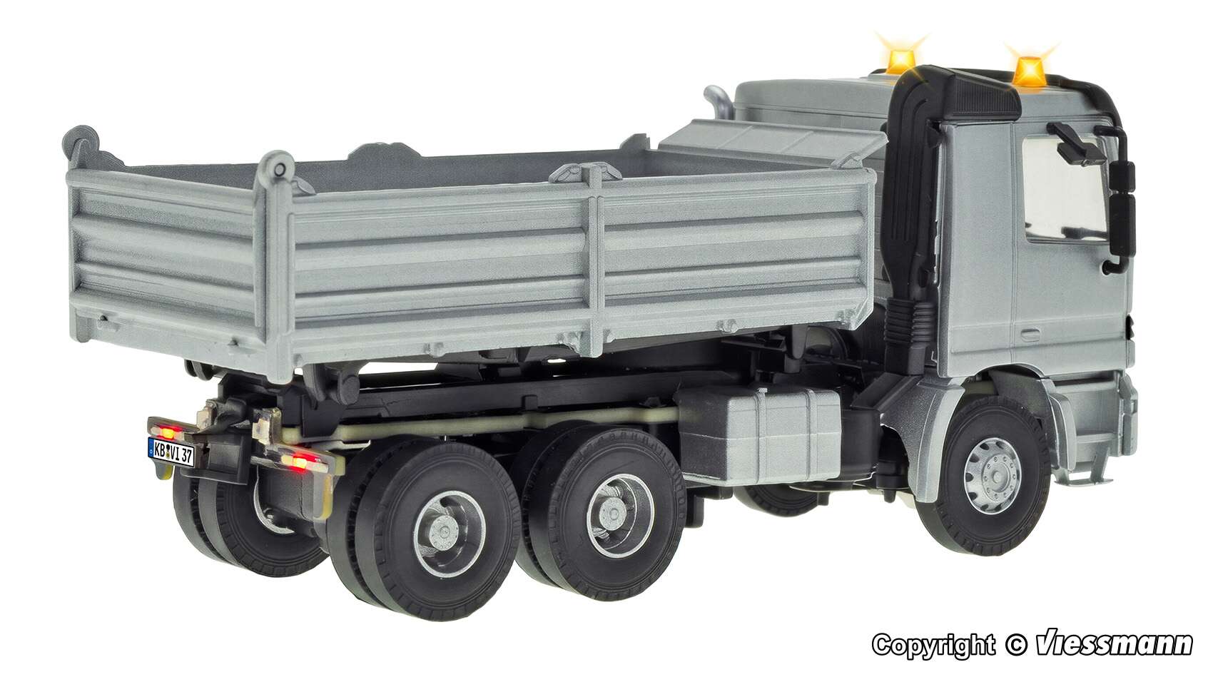 MB ACTROS 3-axle dump truck with rotating flashing lights, silver, functional model