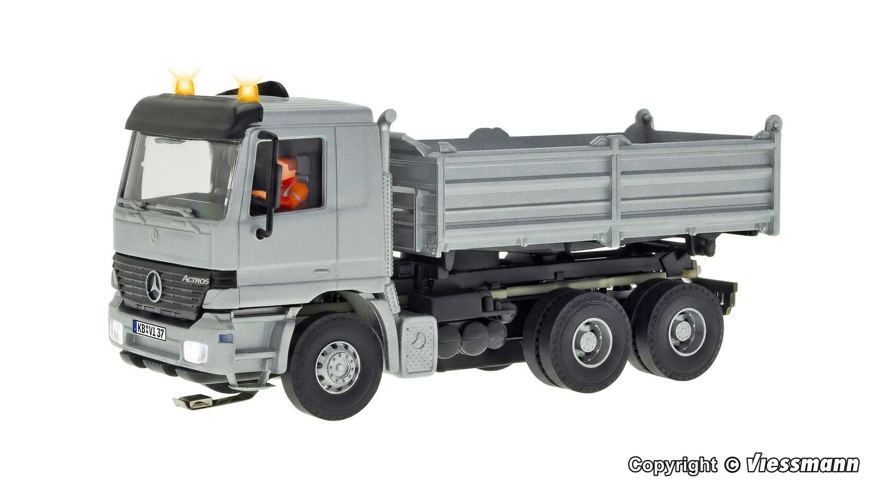 MB ACTROS 3-axle dump truck with rotating flashing lights, silver, functional model