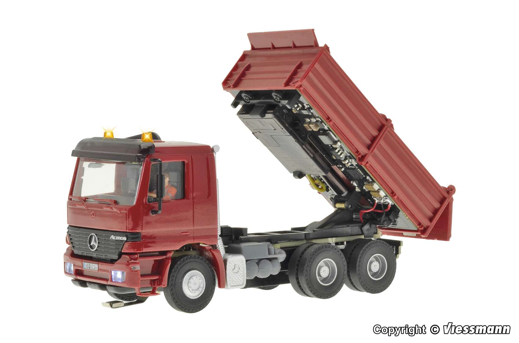 MB ACTROS 3-axle dump truck with motorized tilt and rotating flashing lights, functional model