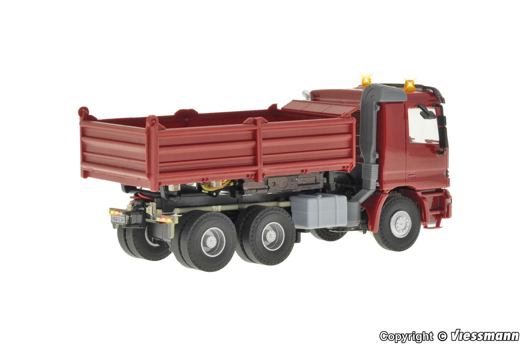MB ACTROS 3-axle dump truck with motorized tilt and rotating flashing lights, functional model