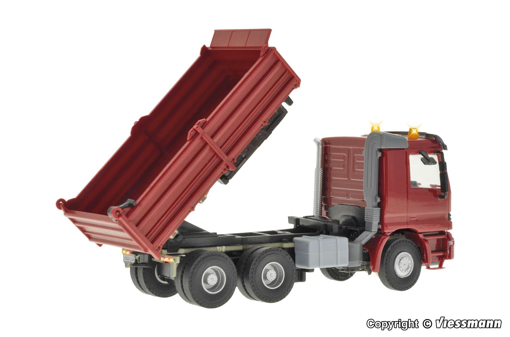 MB ACTROS 3-axle dump truck with motorized tilt and rotating flashing lights, functional model