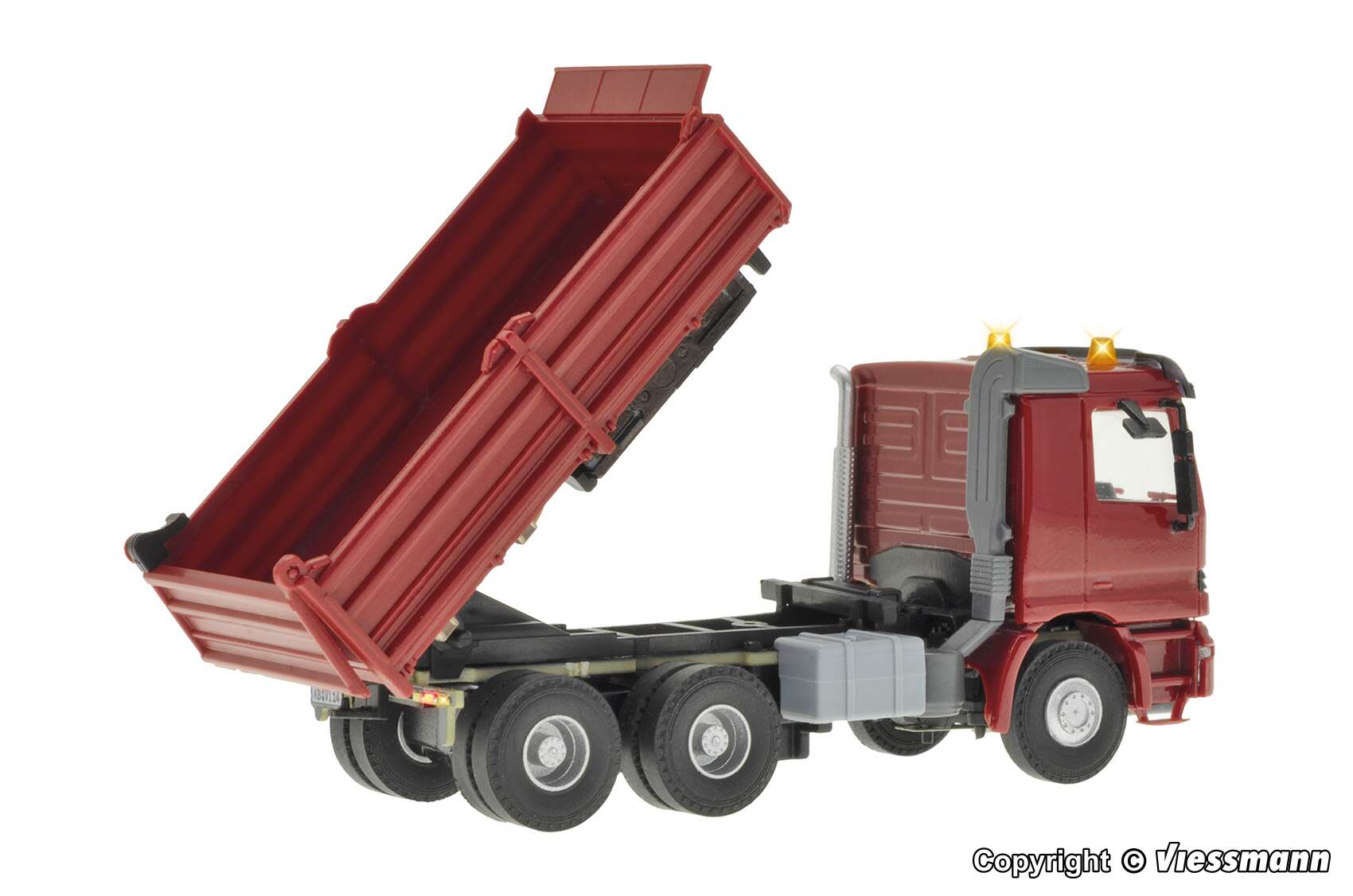 MB ACTROS 3-axle dump truck with motorized tilt and rotating flashing lights, functional model