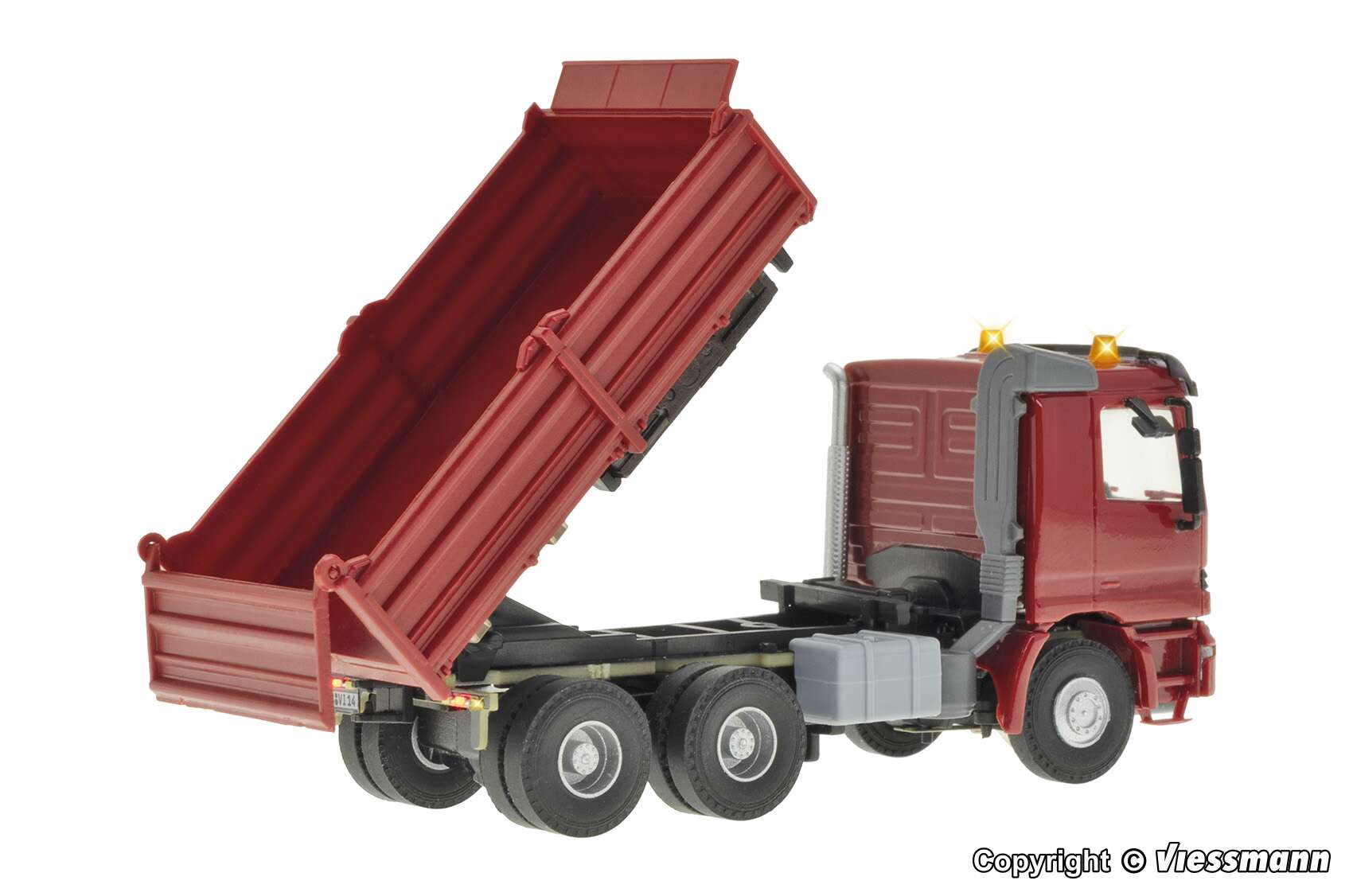 MB ACTROS 3-axle dump truck with motorized tilt and rotating flashing lights, functional model