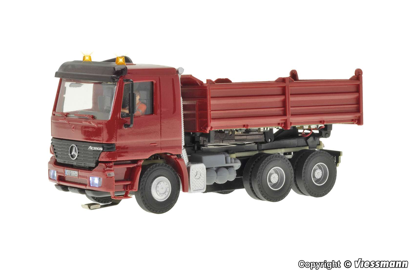 MB ACTROS 3-axle dump truck with motorized tilt and rotating flashing lights, functional model